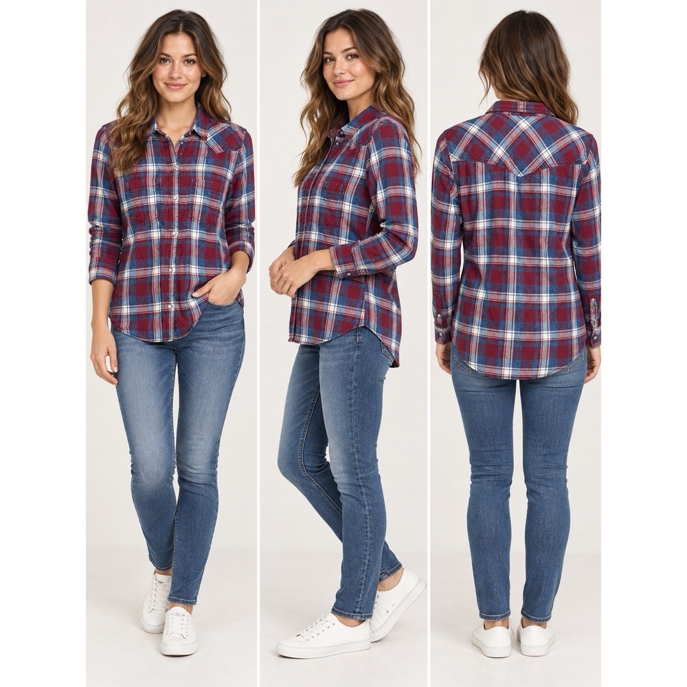 American Eagle Women's XS Boyfriend Plaid Pearl Snap Flannel Shirt Y2K Grunge